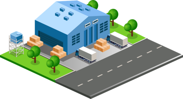 an illustration of a warehouse with boxes on the roof