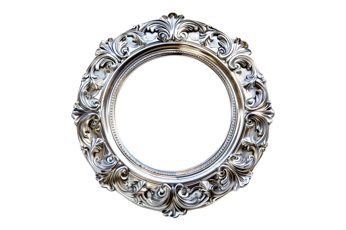 an ornate silver frame on a white background