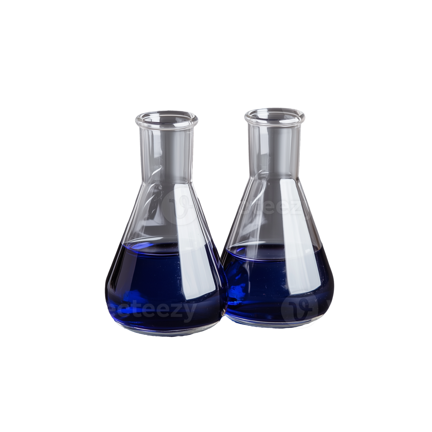 two laboratory beaks with blue liquid in them