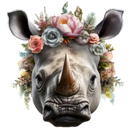 a rhino with flowers on its head