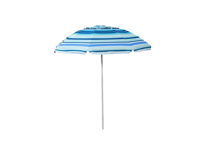 a blue and white striped beach umbrella