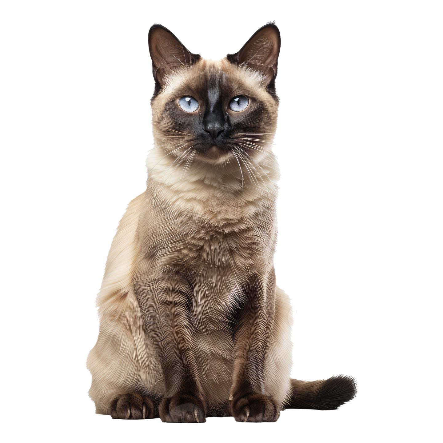 a cat with blue eyes sitting down