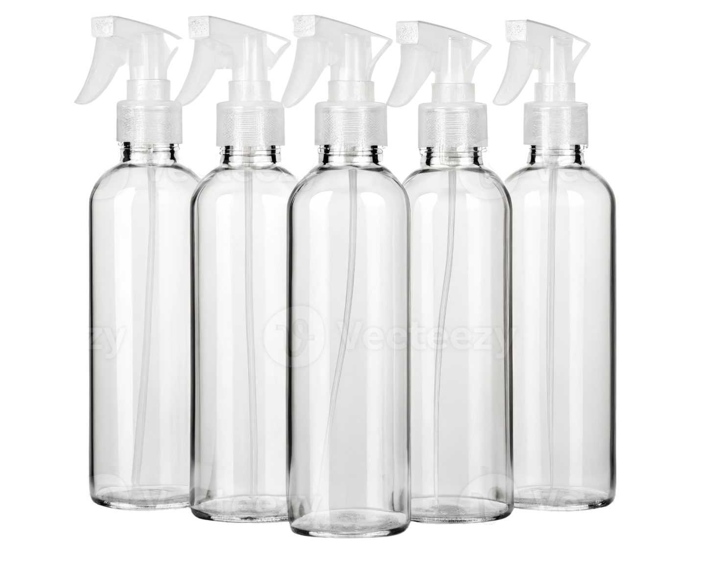 a set of four clear bottles with sprays