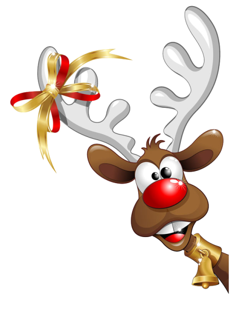 a reindeer with a red nose and gold bow