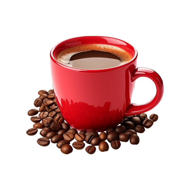 a red coffee cup surrounded by coffee beans