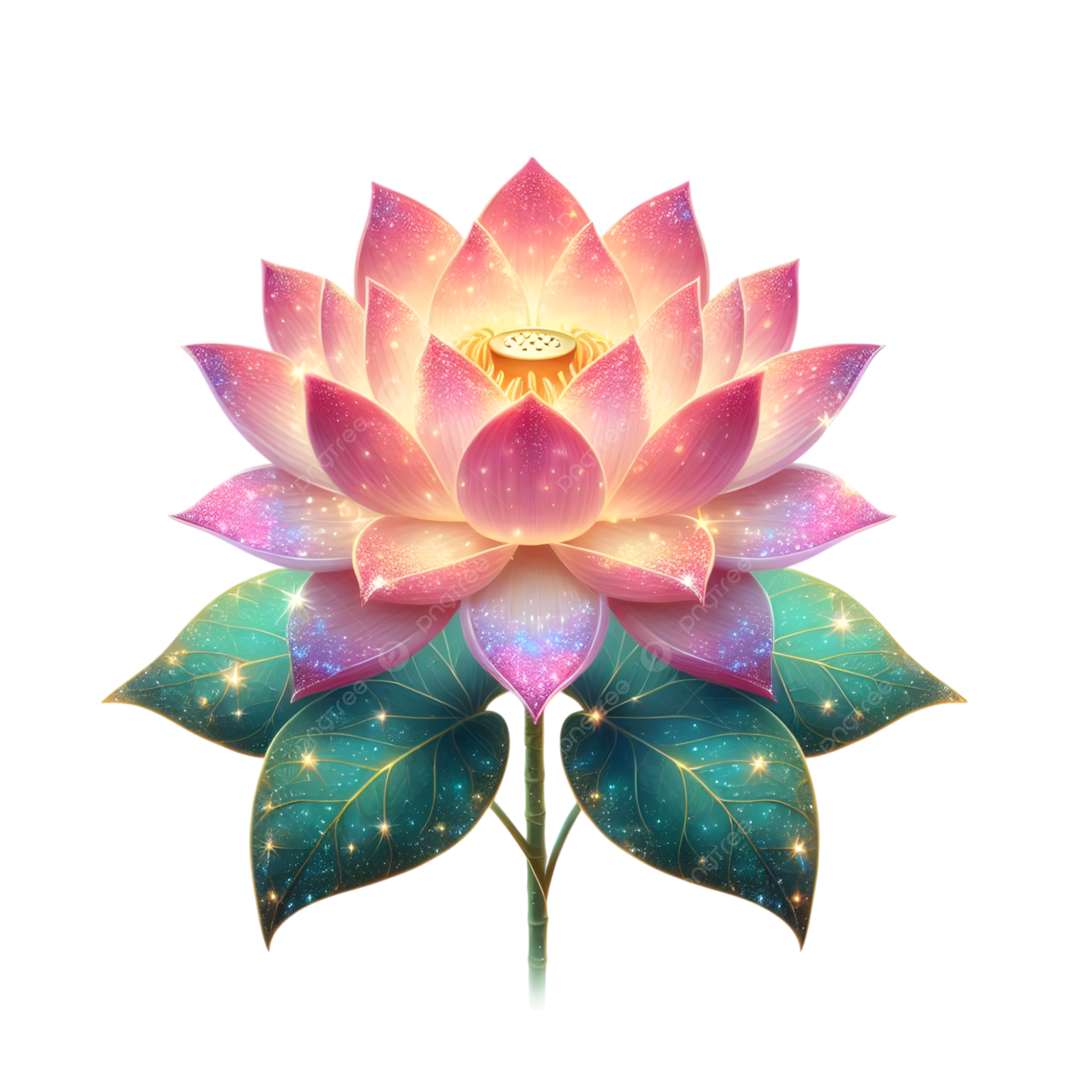 a pink lotus flower with stars in the background