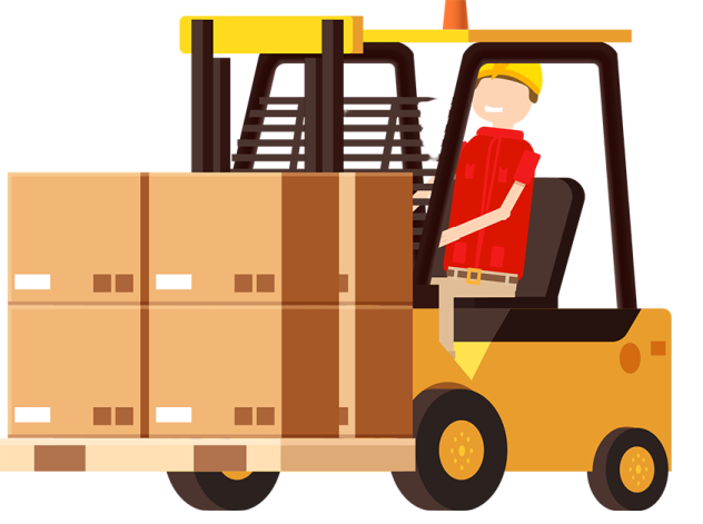 a man driving a fork truck with boxes on the back