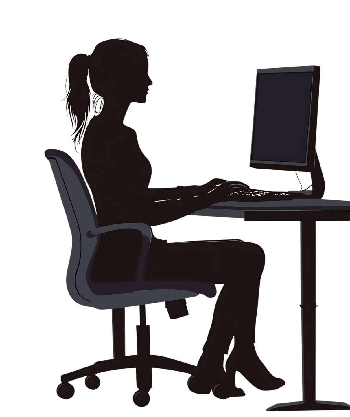 a silhouette of a woman sitting at a computer