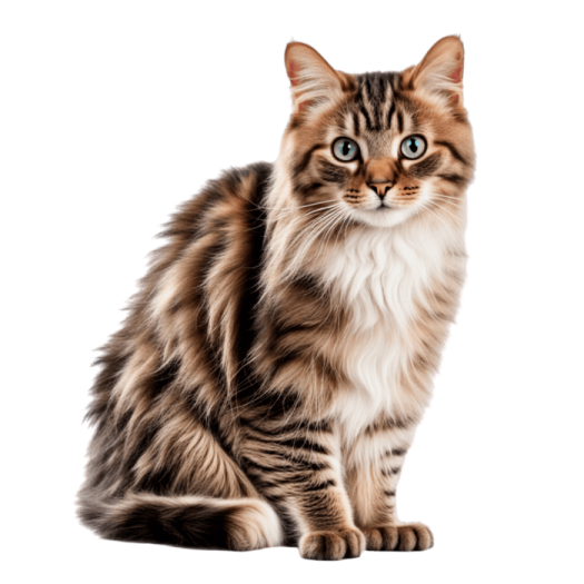 a brown and black cat sitting on a white background