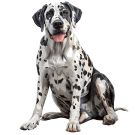 a black and white dog sitting on the ground