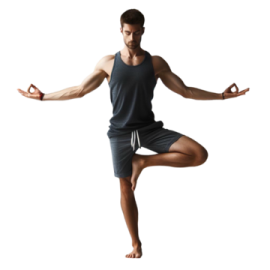 a man in a black tank top and shorts doing yoga