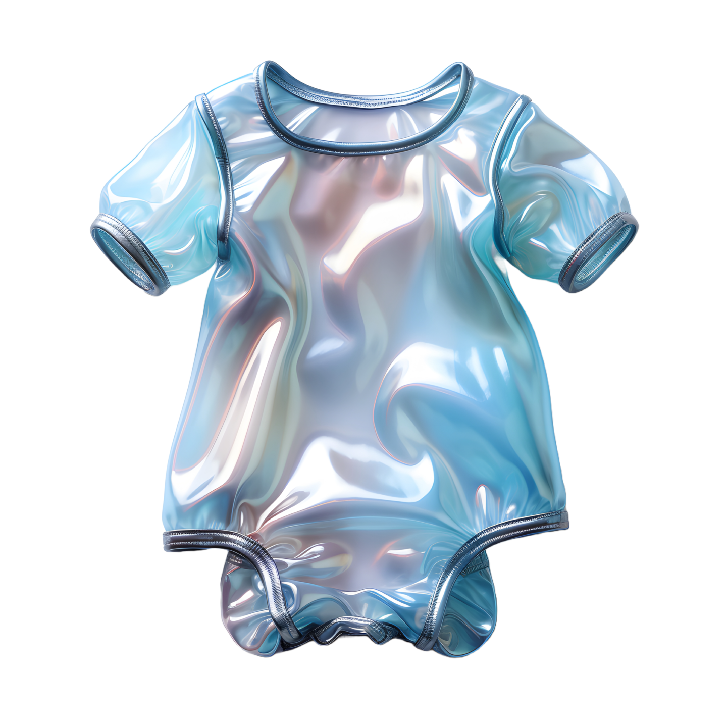 a shiny blue baby bodysuit on white background