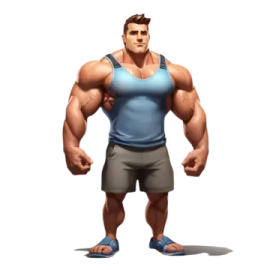 a man in a blue tank top and gray shorts