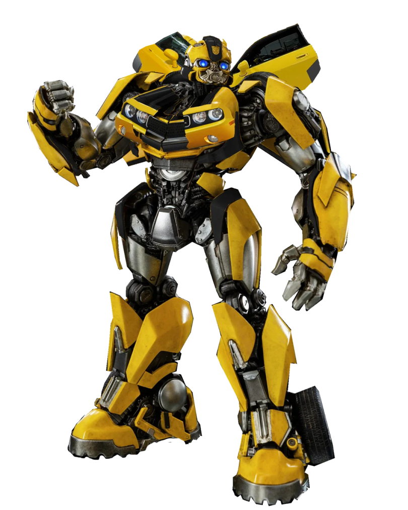 a yellow and black robot standing on a white background