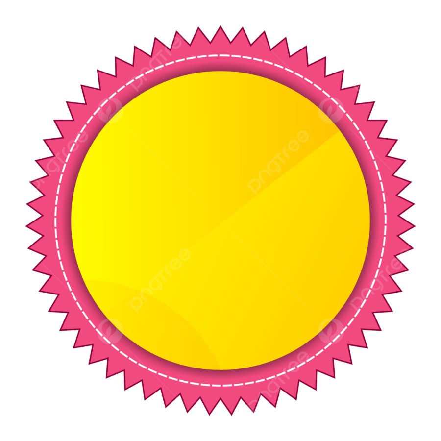 a yellow badge with a pink ribbon around it