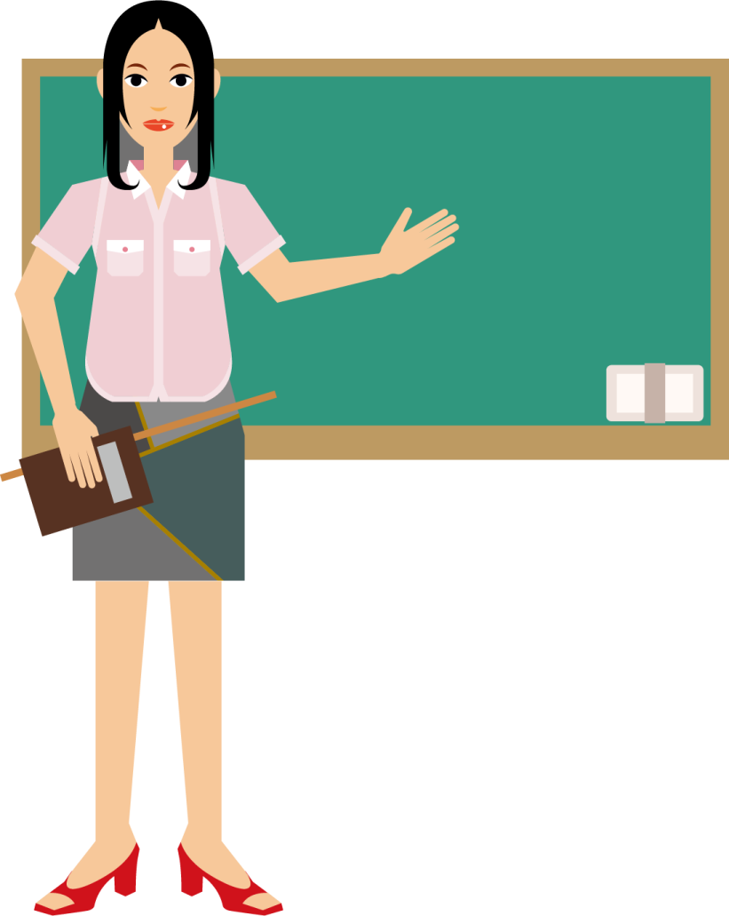 a female teacher standing in front of a blackboard