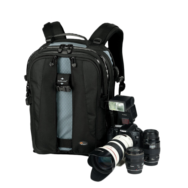 a camera backpack with two lenses and a lens