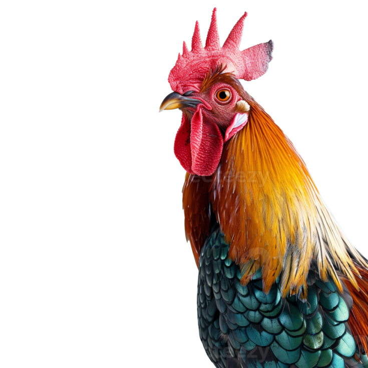 a close up of a rooster on a white background