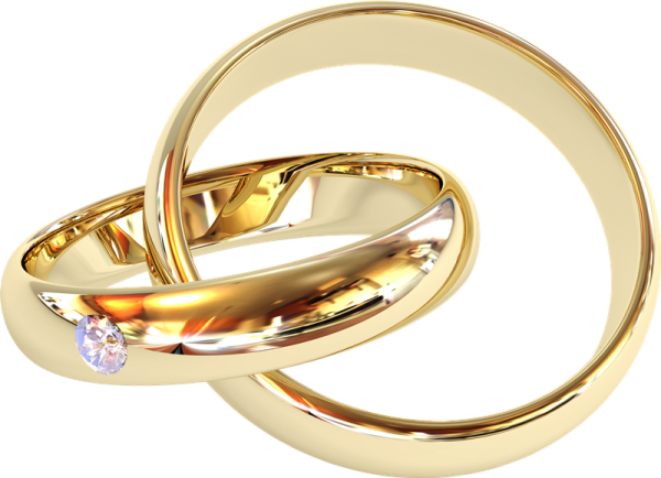 two gold wedding rings with a diamond