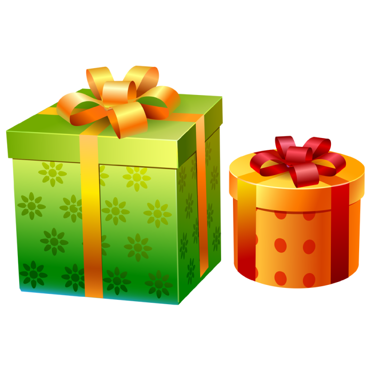 a green and orange gift box with a red bow