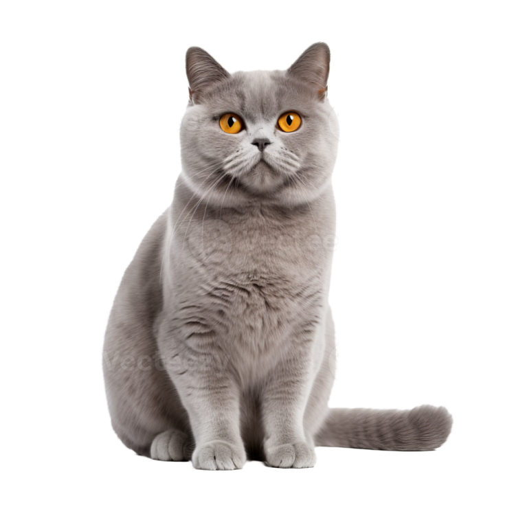 a grey cat with yellow eyes sitting on a white background