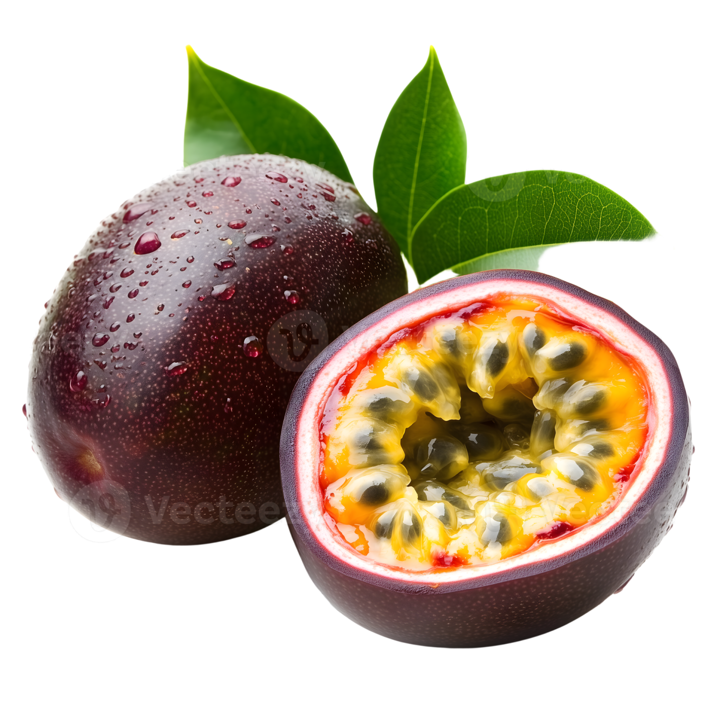 a passion fruit cut in half on a white background