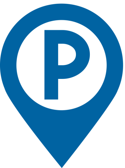 a blue pin with the letter p on it