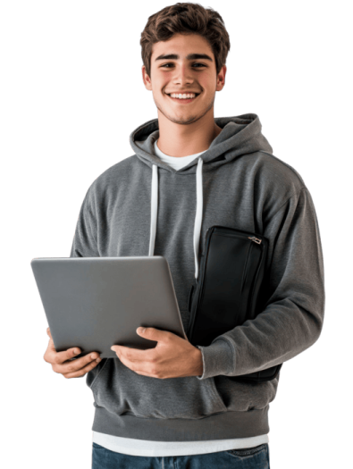 a man in a hoodie holding a laptop