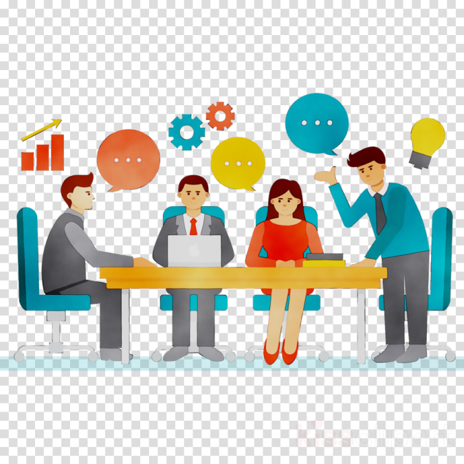 a group of people sitting at a table with speech bubbles