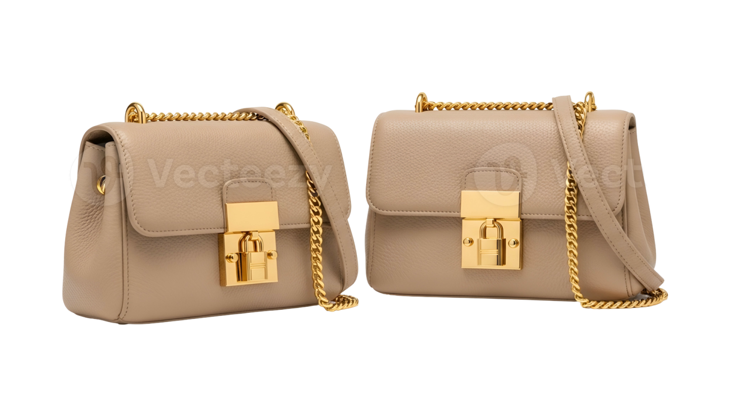 a pair of beige leather bags with gold hardwares