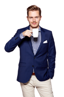 a man in a blue jacket and white shirt holding a cup