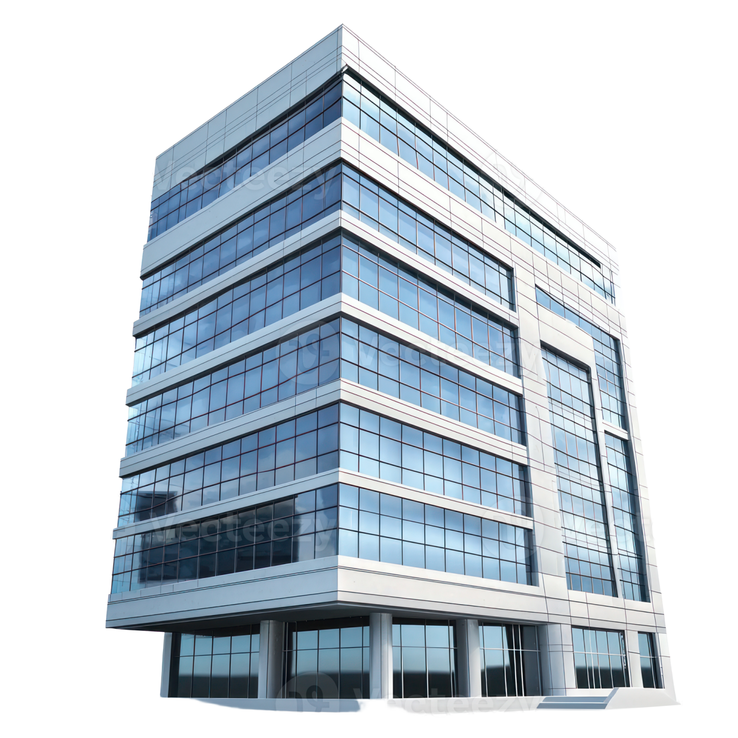 an office building with glass windows on a white background