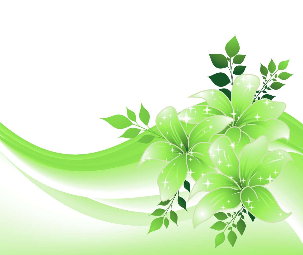 a green background with flowers and leaves