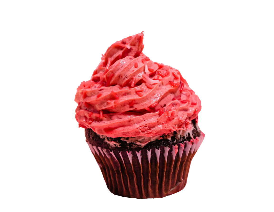 a cupcake with red frosting on top
