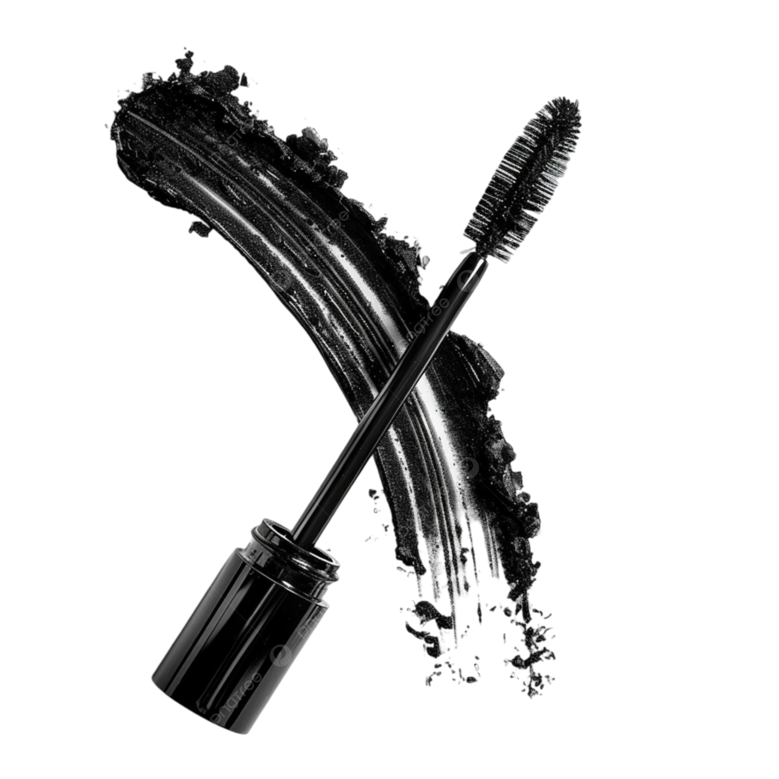 a mascara brush and mascara tube on white background