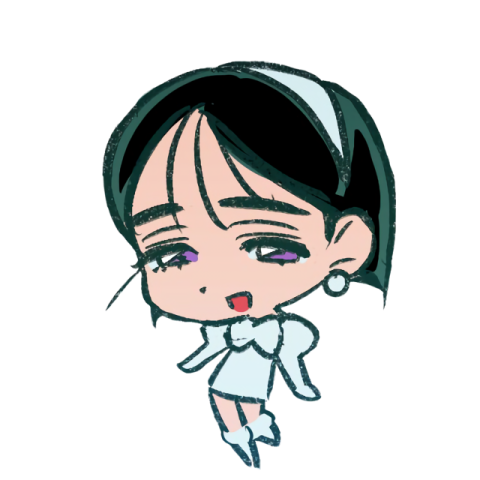 a drawing of a girl with black hair and purple eyes