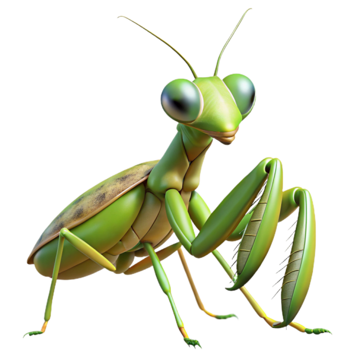 a green praying mantis on a white background