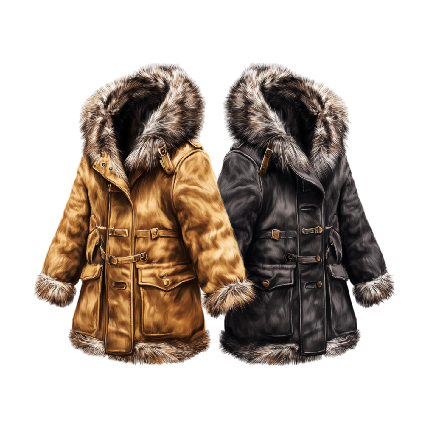 a pair of jackets with fur collars