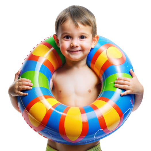 a little boy holding an inflatable
