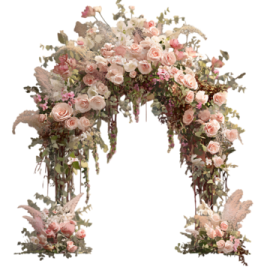 a floral arch with pink and white flowers
