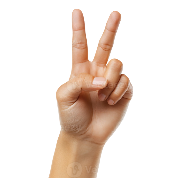 a woman's hand showing the peace sign