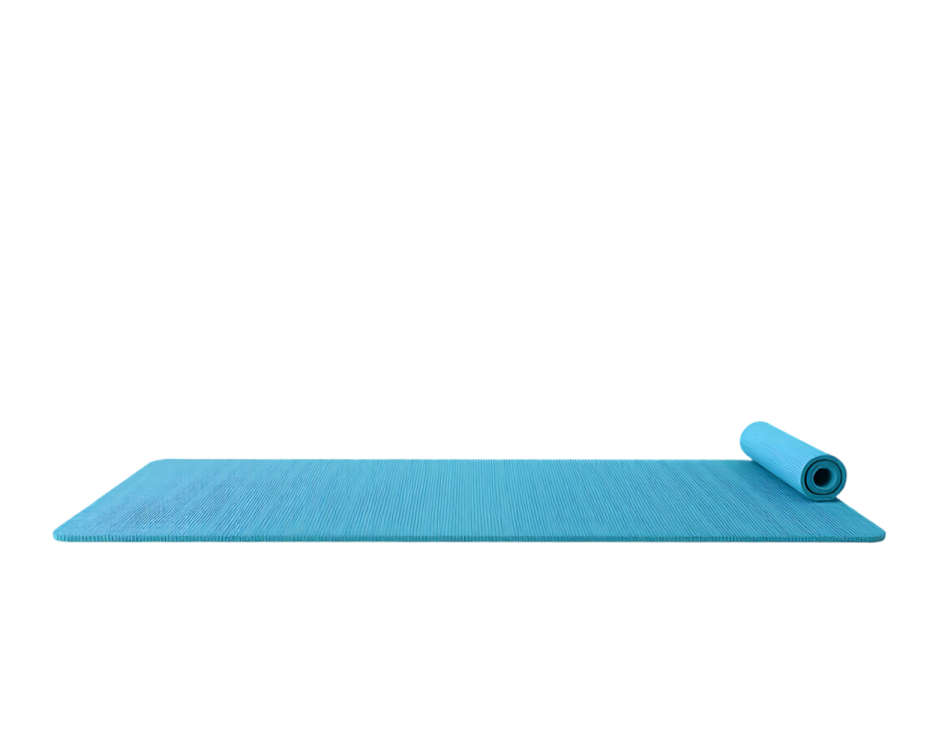 a blue yoga mat on a white background