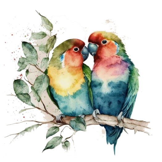 two birds sitting on a branch with leaves
