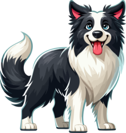 a black and white dog with its tongue out
