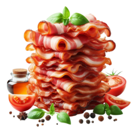 a pile of sliced bacon and tomato slices