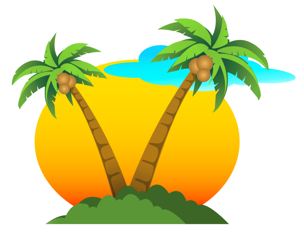 two palm trees in front of an orange sun