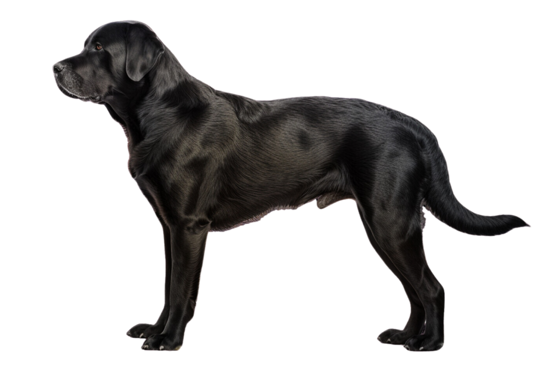 a black dog standing on a white background