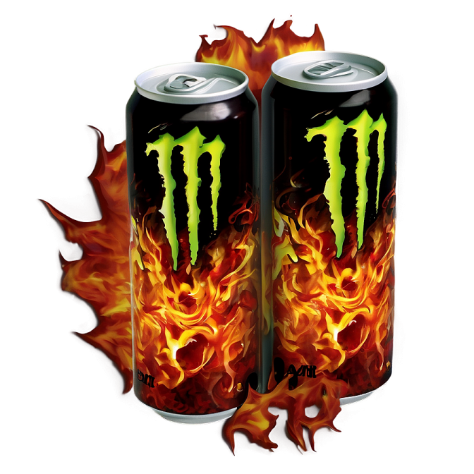 two cans of monster energy drink on fire