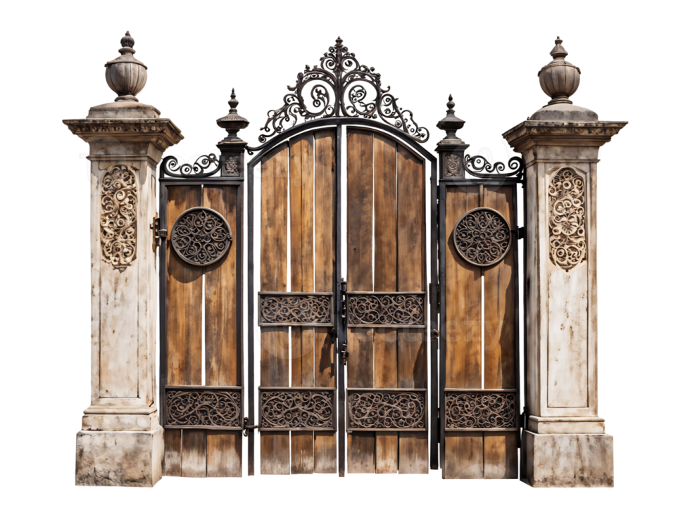 a wooden gate with ornate carvings on it