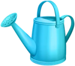 a blue watering pot with a plastic handle